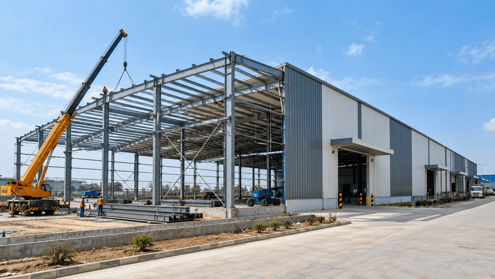 PEB Building: The Faster, Lighter Way to Build Your Factory or Warehouse Modern logistics park aerial view with solar rooftop and truck bays