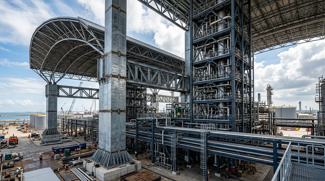 Bespoke Complex Steel Structure Framework by Synergy PEB Complex steel structure fabricated by Synergy PEB