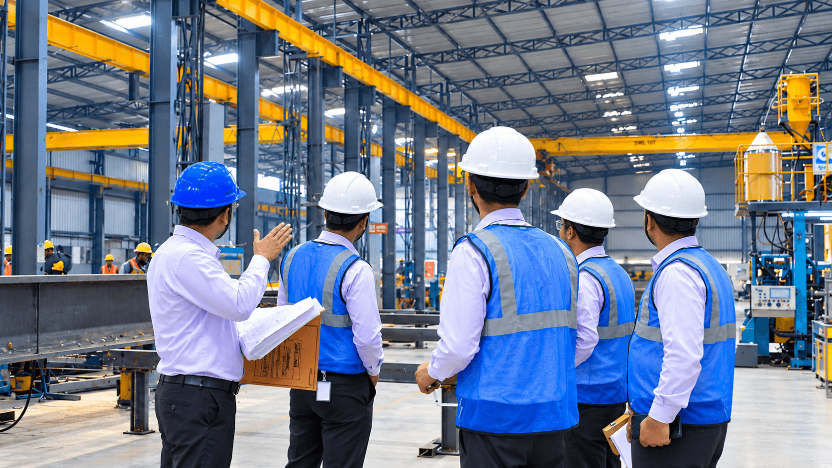 Factory interior with overhead cranes and fabrication bays