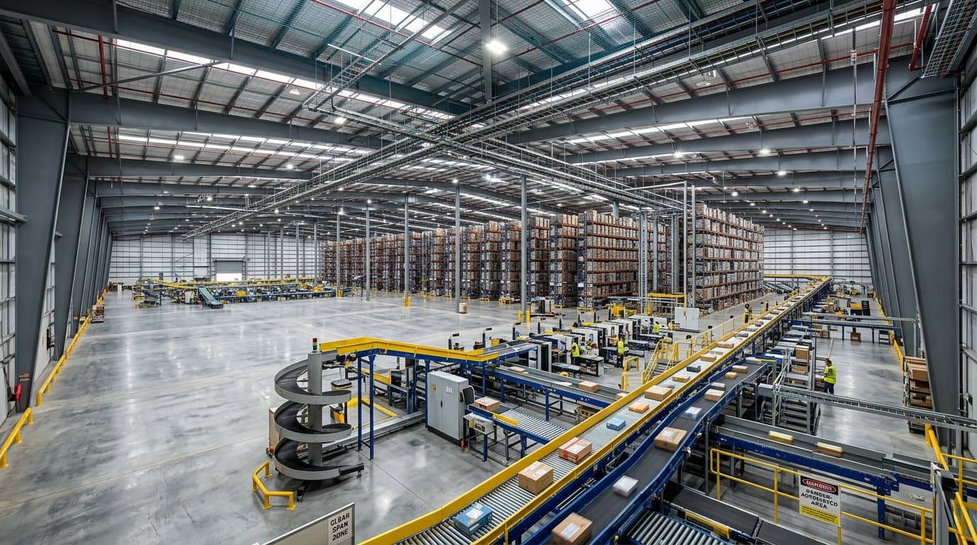 High-Clearance Spans up to 90m Feature High-Clearance Spans up to 90m - Synergy PEB Logistics Park Feature