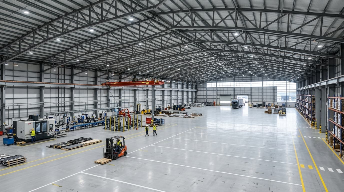 Column-Free Clear Spans up to 90m Feature Column-Free Clear Spans up to 90m - Synergy PEB Industrial Building Feature