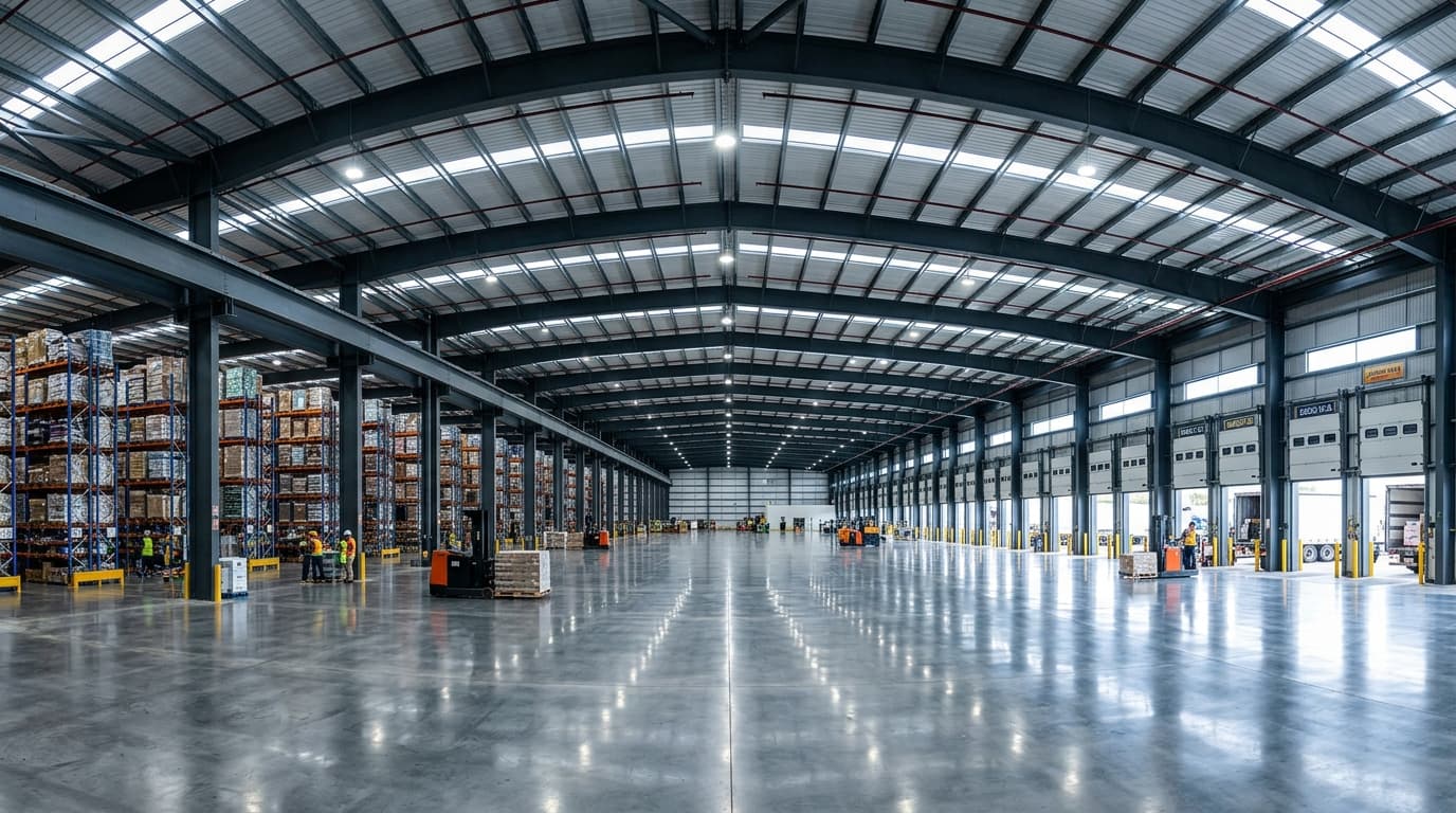 Large-Span Pre-Engineered Warehouse Frame by Synergy PEB Large-span warehouse constructed by Synergy PEB