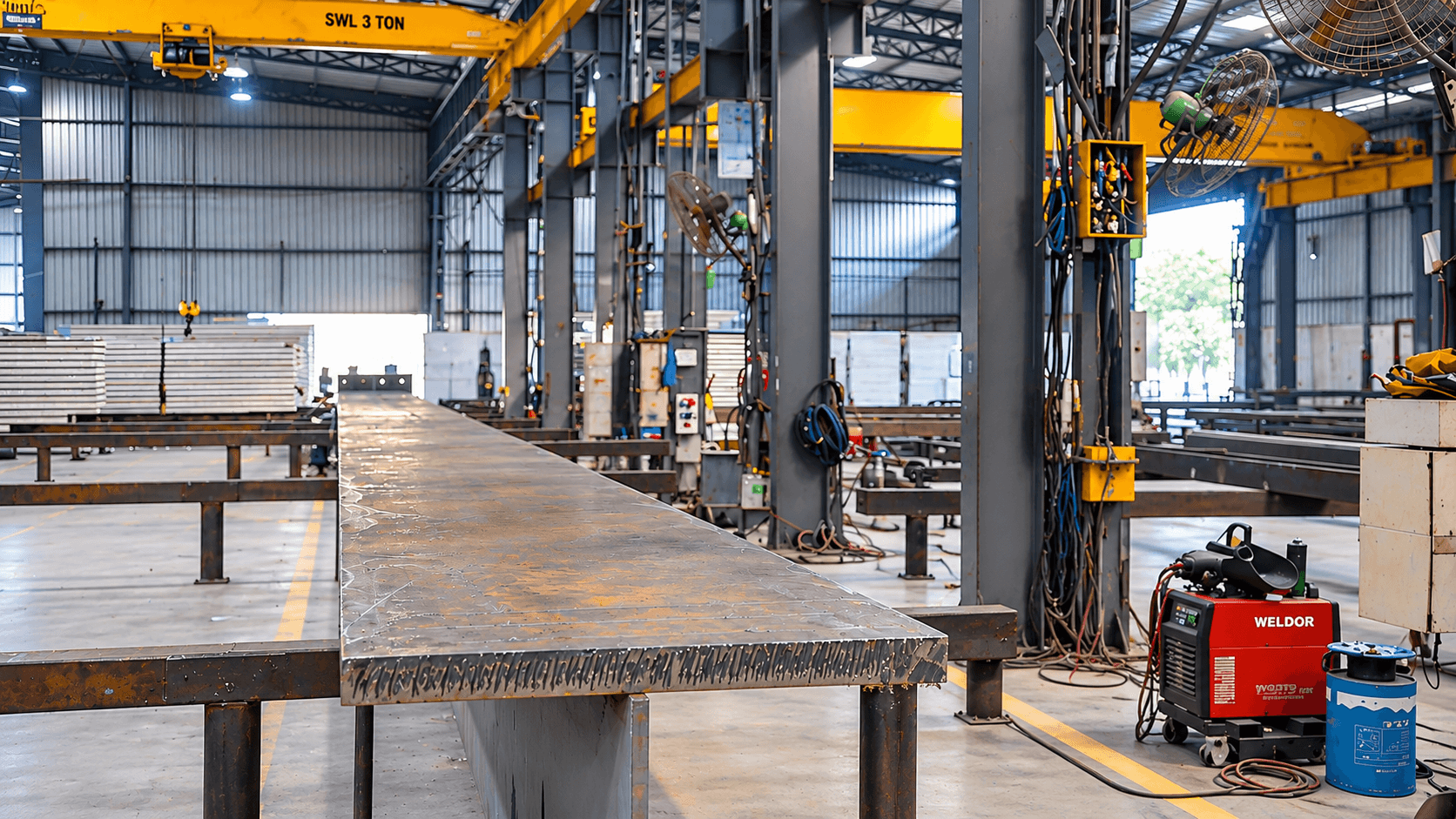 Crane lifting steel members inside the Synergy PEB facility